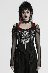 Black Long Sleeves Cutout Skull Print Stitching Mesh Women's Punk Blouse